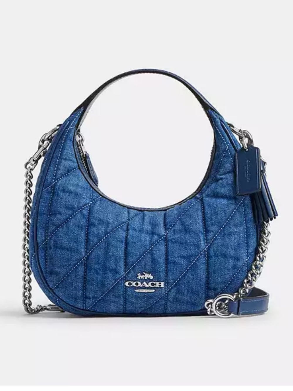 Coach Mini Carmen in Denim Crossbody Bag in Blue with Silver Chain